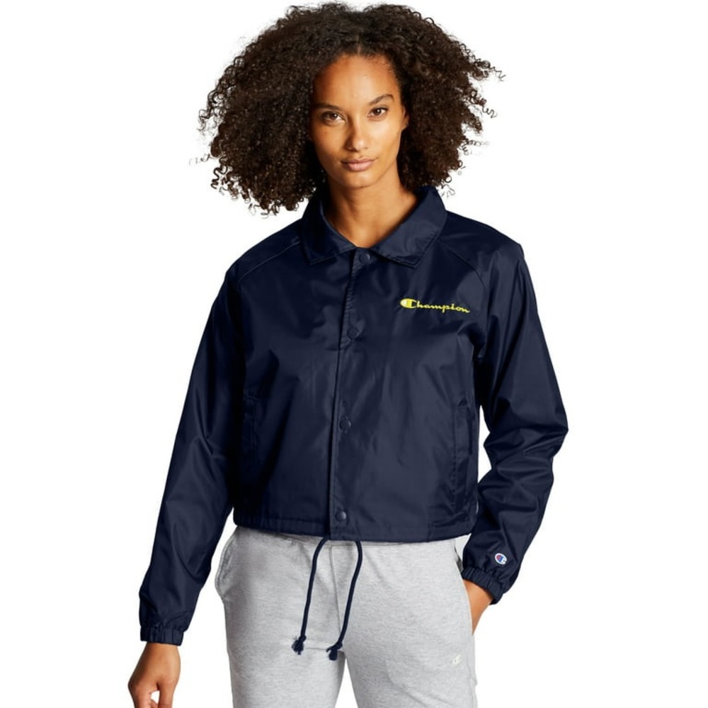 Champion Navy Blue Button Up Coaches Cropped Jacket Multi Logo - Picture 4 of 13